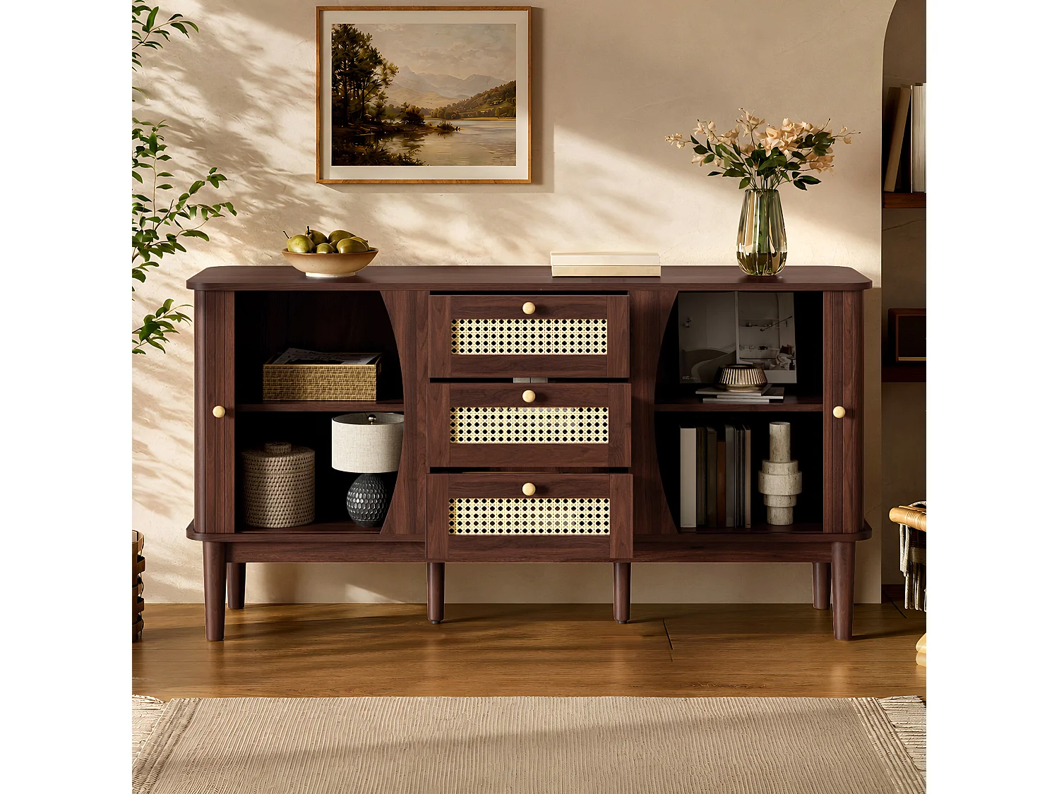 Buffet avec 2 portes coulissantes, 3 tiroirs en rotin et étagères réglables - MDF - 141 x 40 x 77 cm - Noyer