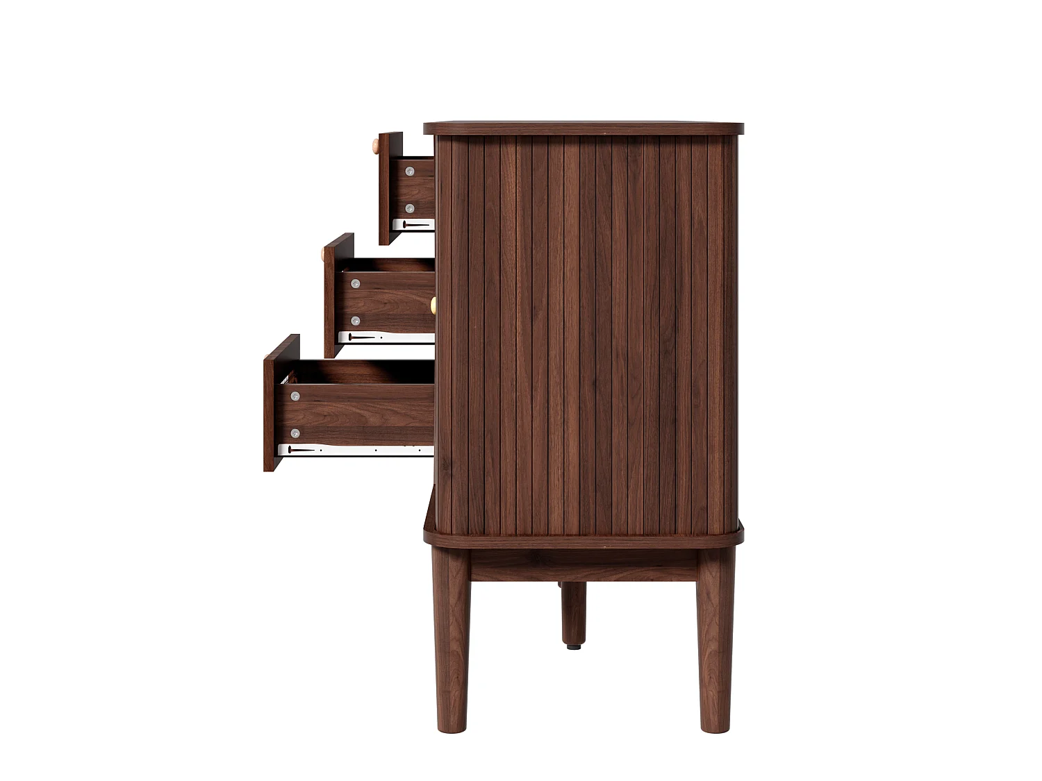 Buffet avec 2 portes coulissantes, 3 tiroirs en rotin et étagères réglables - MDF - 141 x 40 x 77 cm - Noyer
