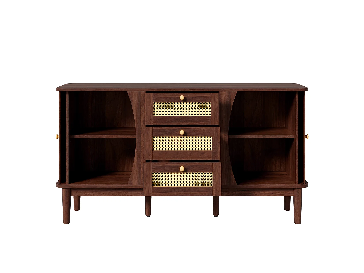 Buffet avec 2 portes coulissantes, 3 tiroirs en rotin et étagères réglables - MDF - 141 x 40 x 77 cm - Noyer