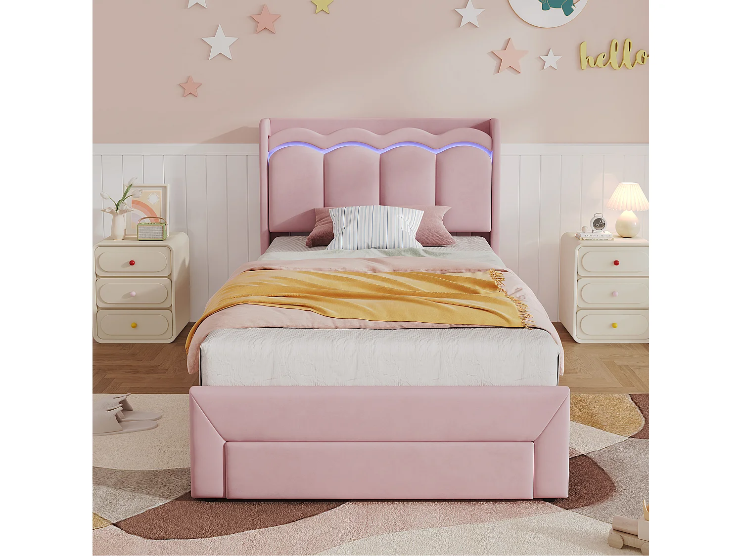 Letto per bambini 90 x 200 cm con 1 cassetto, testiera ondulata, contenitore e luci LED - Velluto - Rosa (materasso non incluso)