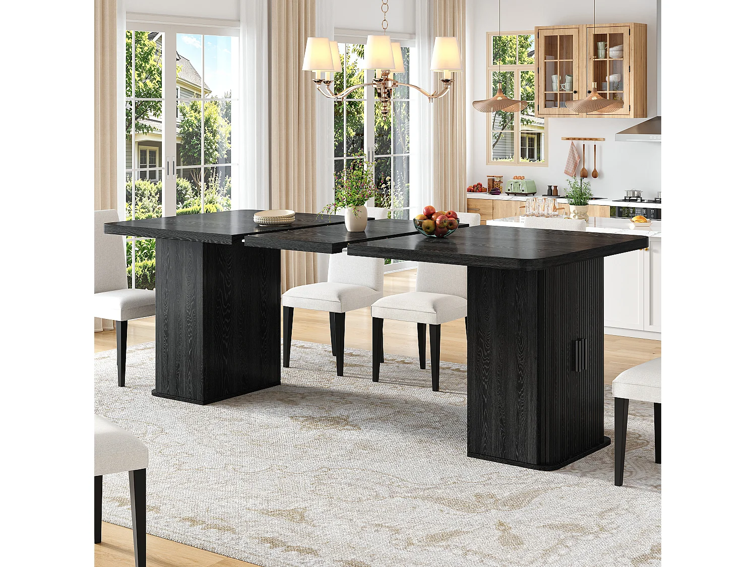 Table à manger extensible 140/180 x 80 x 75 cm avec rangements intégrés - MDF et métal - Noir effet bois
