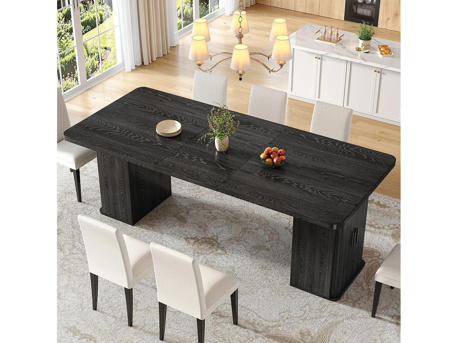 Table à manger extensible 140/180 x 80 x 75 cm avec rangements intégrés - MDF et métal - Noir effet bois