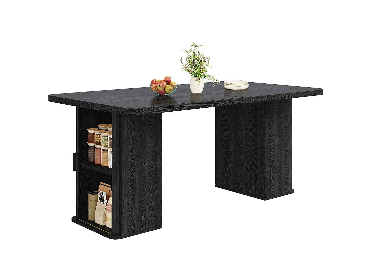 Table à manger extensible 140/180 x 80 x 75 cm avec rangements intégrés - MDF et métal - Noir effet bois