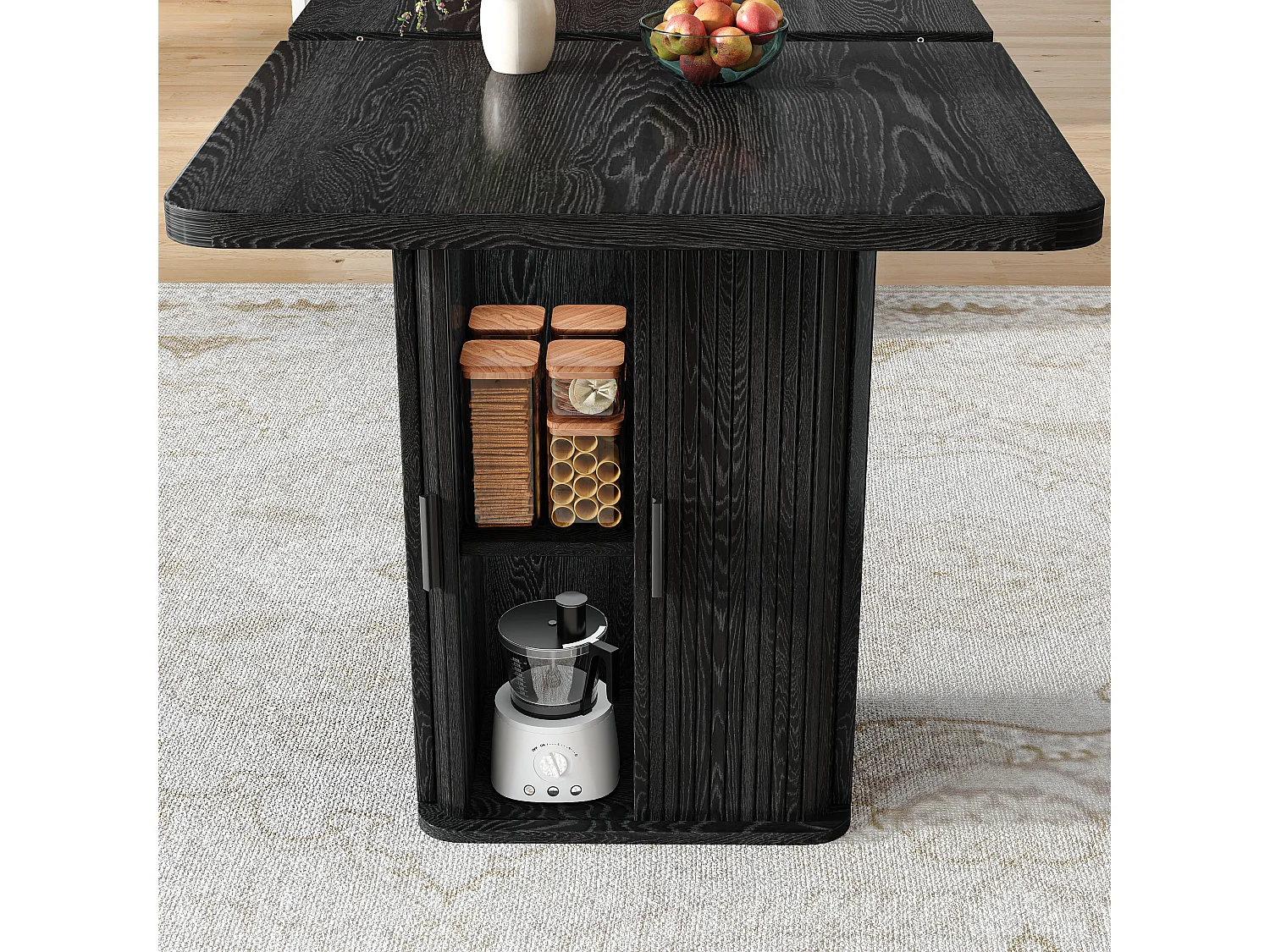 Table à manger extensible 140/180 x 80 x 75 cm avec rangements intégrés - MDF et métal - Noir effet bois