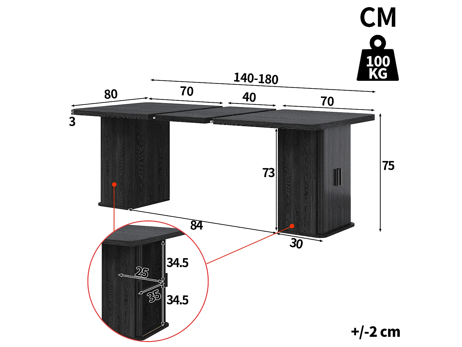 Table à manger extensible 140/180 x 80 x 75 cm avec rangements intégrés - MDF et métal - Noir effet bois