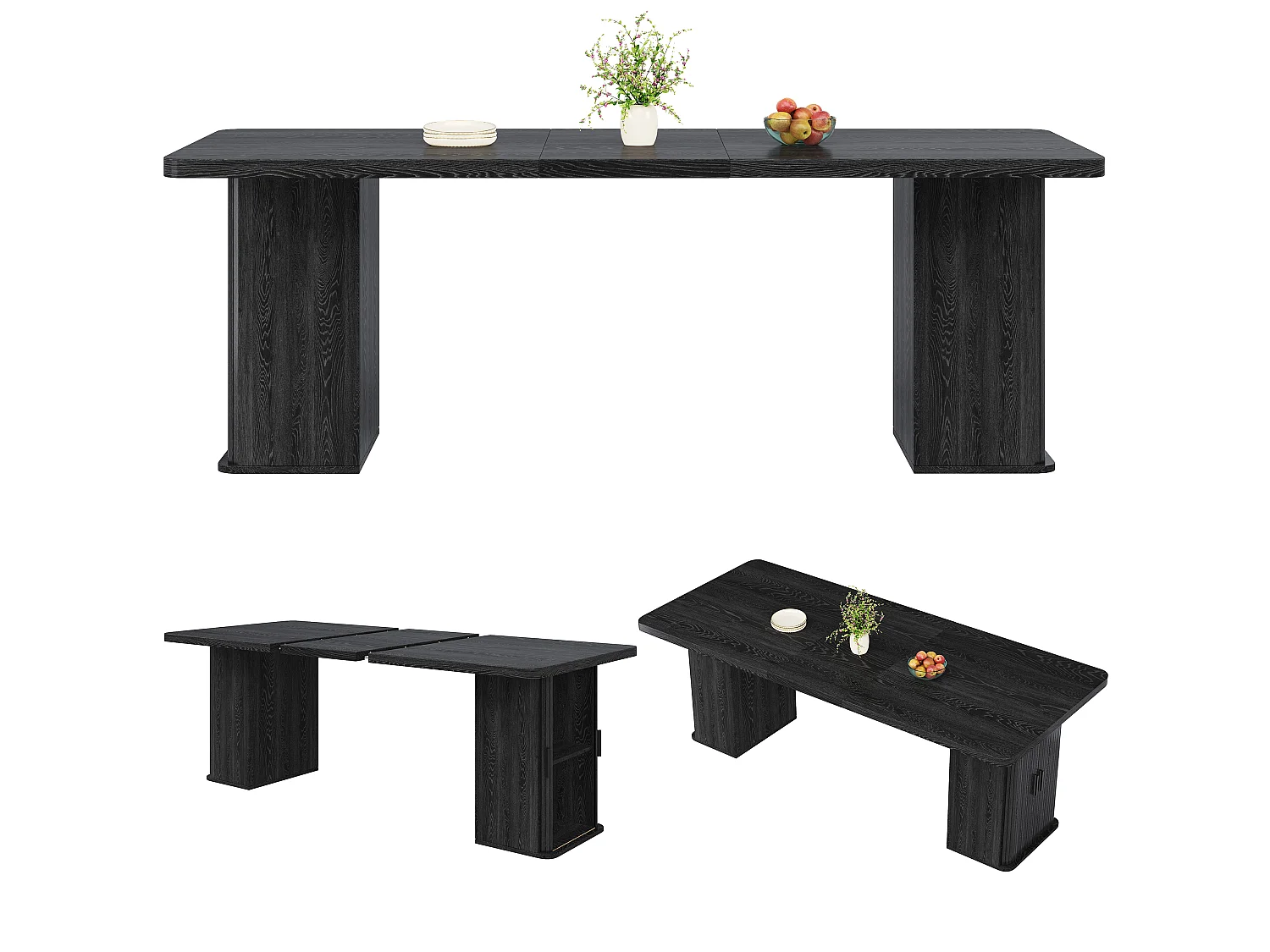 Table à manger extensible 140/180 x 80 x 75 cm avec rangements intégrés - MDF et métal - Noir effet bois