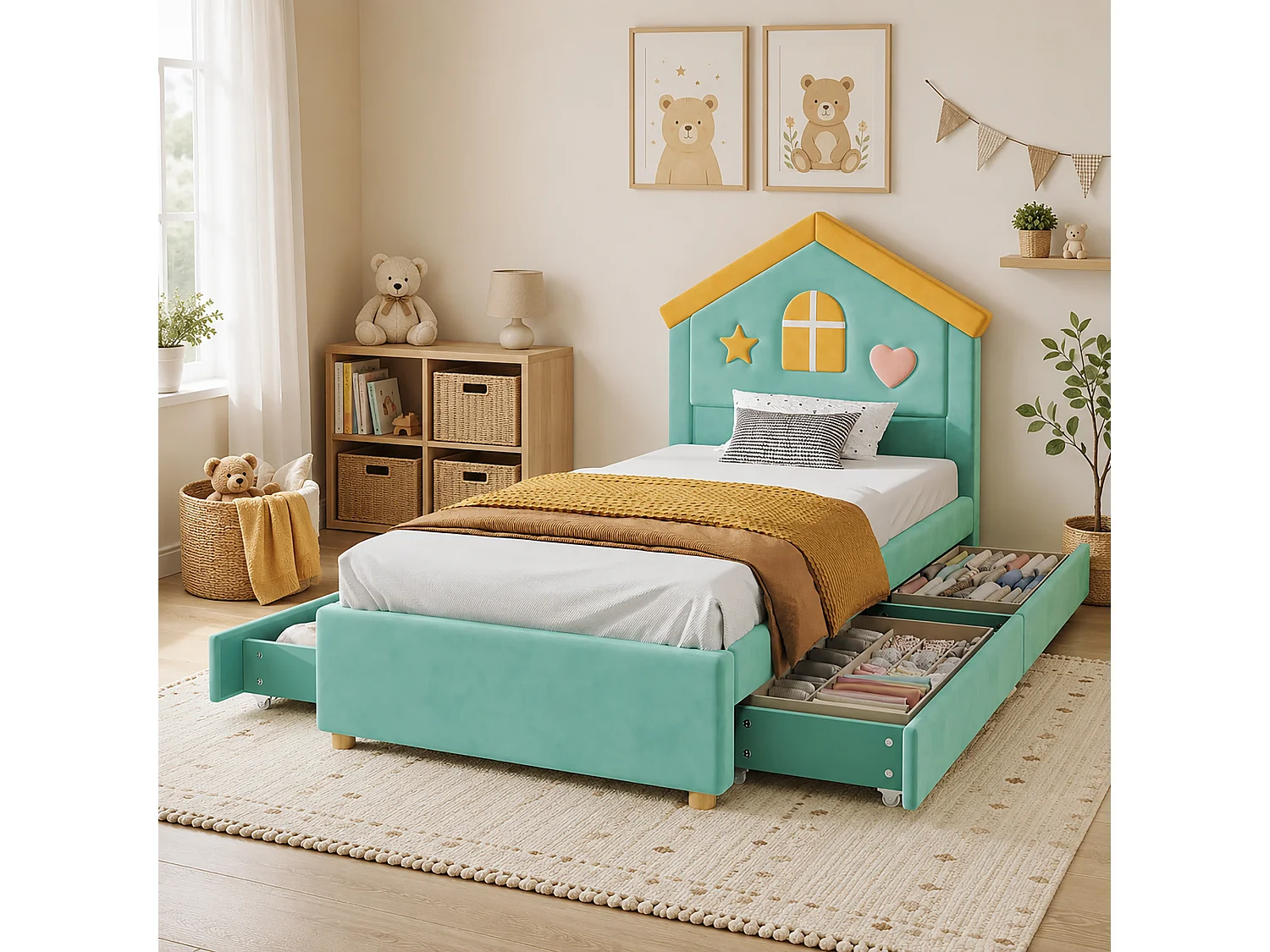 Lit enfant 90 x 200 cm avec tête de lit cabane et 4 tiroirs - Velours - Bleu-vert (sans matelas)