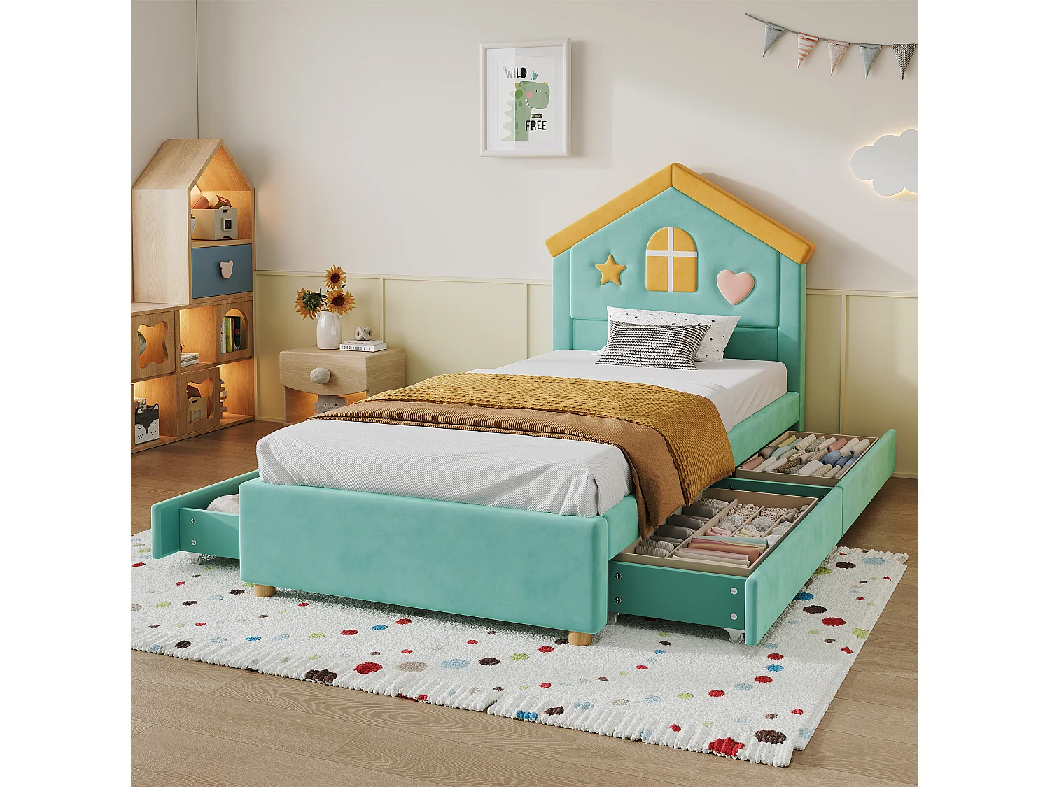 Lit enfant 90 x 200 cm avec tête de lit cabane et 4 tiroirs - Velours - Bleu-vert (sans matelas)