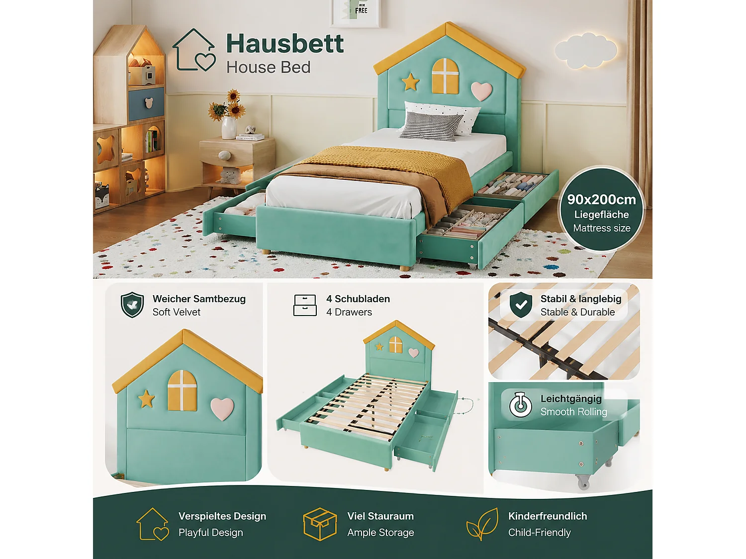 Lit enfant 90 x 200 cm avec tête de lit cabane et 4 tiroirs - Velours - Bleu-vert (sans matelas)
