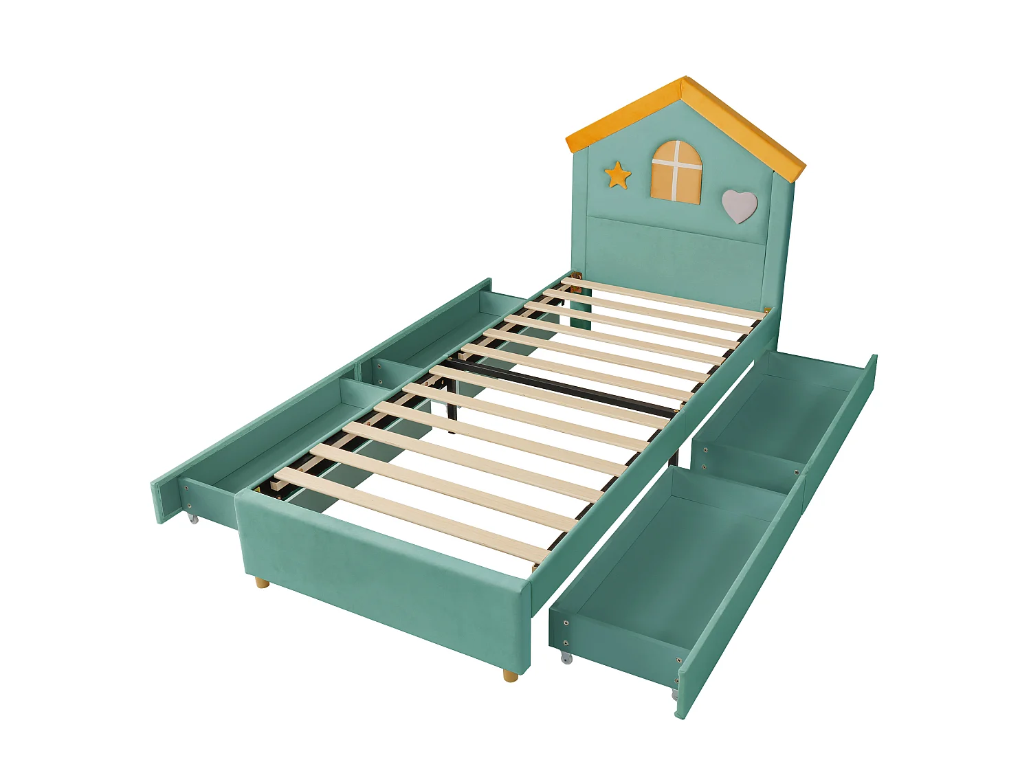 Lit enfant 90 x 200 cm avec tête de lit cabane et 4 tiroirs - Velours - Bleu-vert (sans matelas)