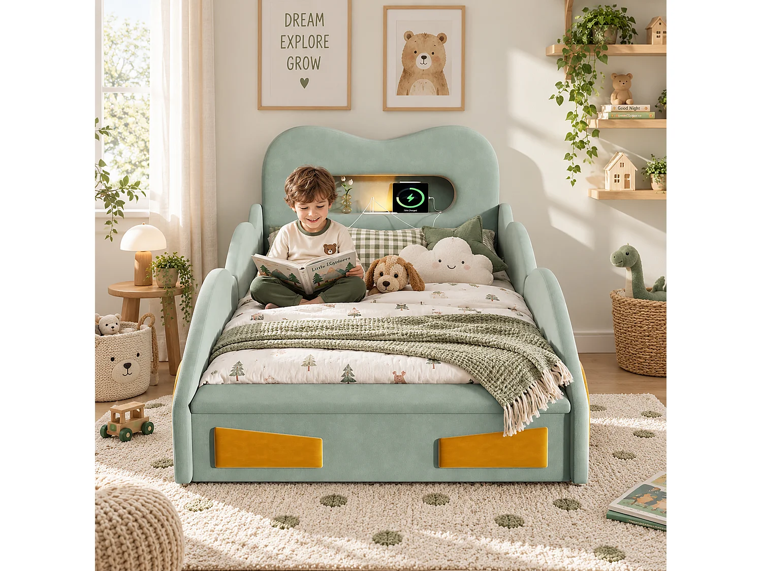 Lit voiture capitonné 90 x 200 cm avec liseuse, port de charge, coffre et roulettes - Velours - verte (sans matelas)