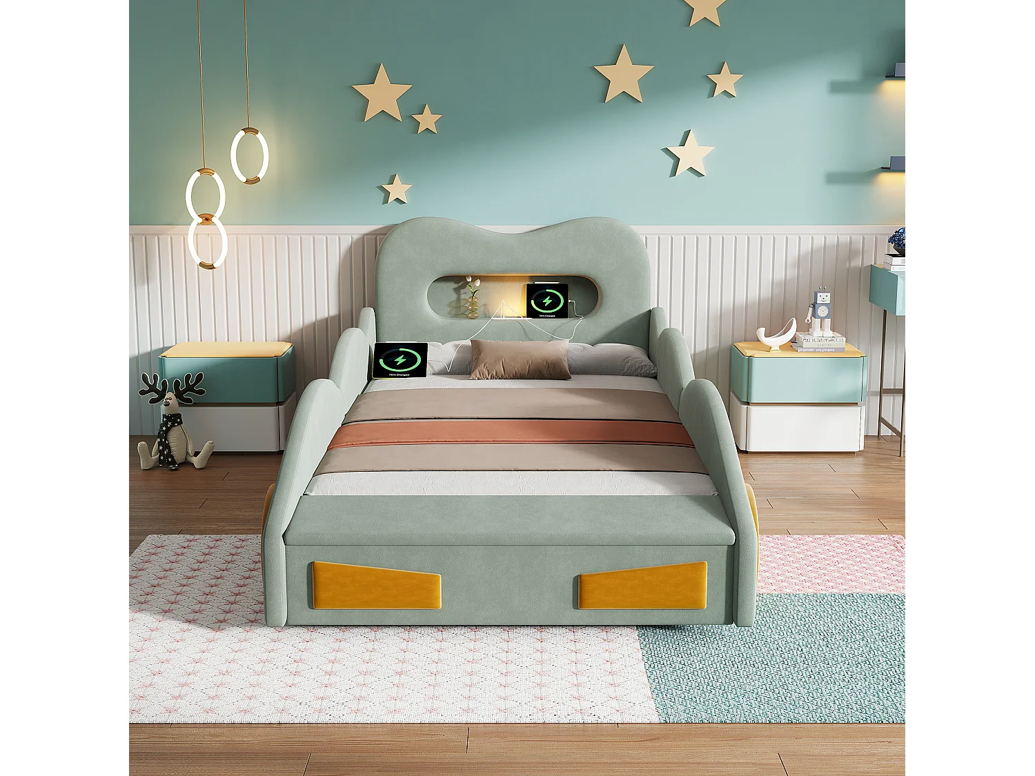 Lit voiture capitonné 90 x 200 cm avec liseuse, port de charge, coffre et roulettes - Velours - verte (sans matelas)