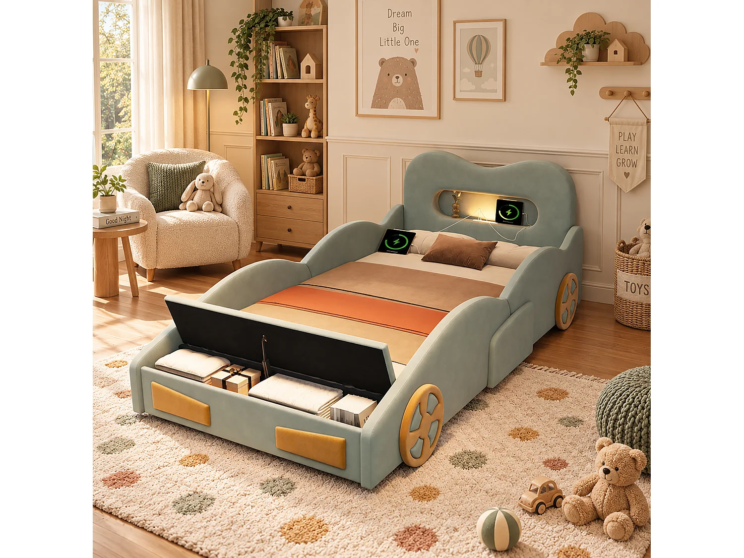 Lit voiture capitonné 90 x 200 cm avec liseuse, port de charge, coffre et roulettes - Velours - verte (sans matelas)