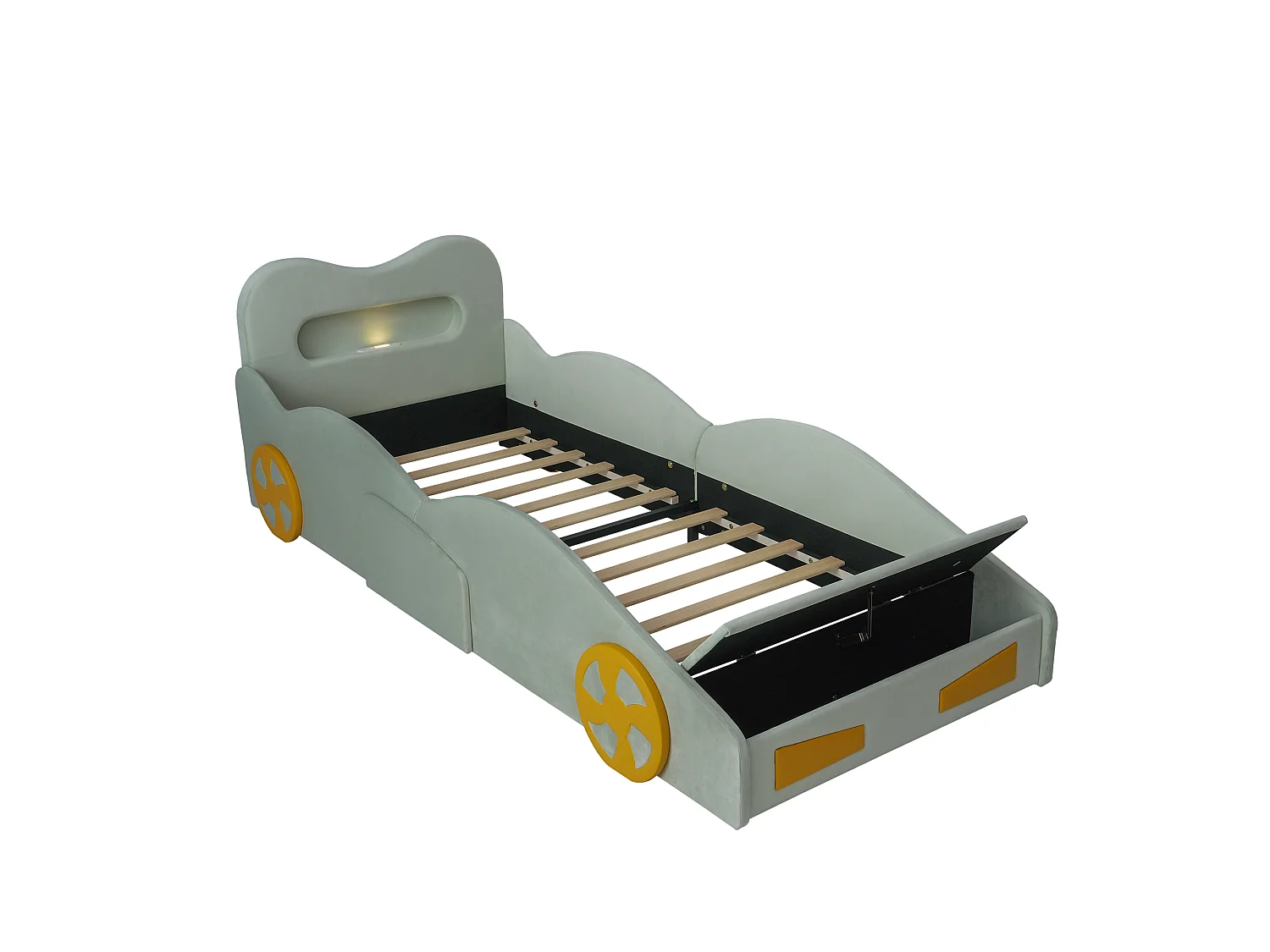 Lit voiture capitonné 90 x 200 cm avec liseuse, port de charge, coffre et roulettes - Velours - verte (sans matelas)