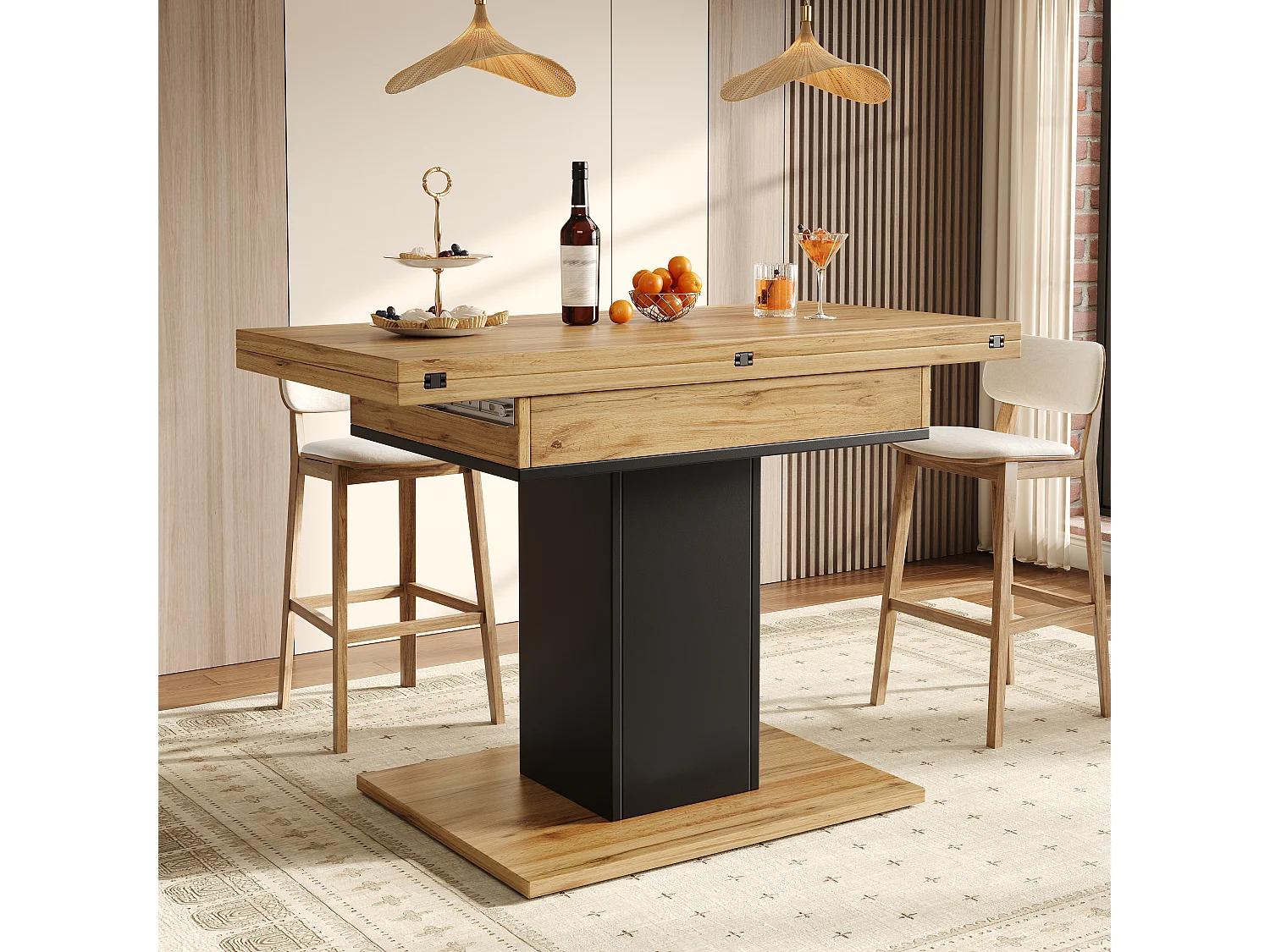 Table à manger extensible et rabattable 60/120 x 120 x 75,1 cm avec rangement intégré - MDF - Naturel