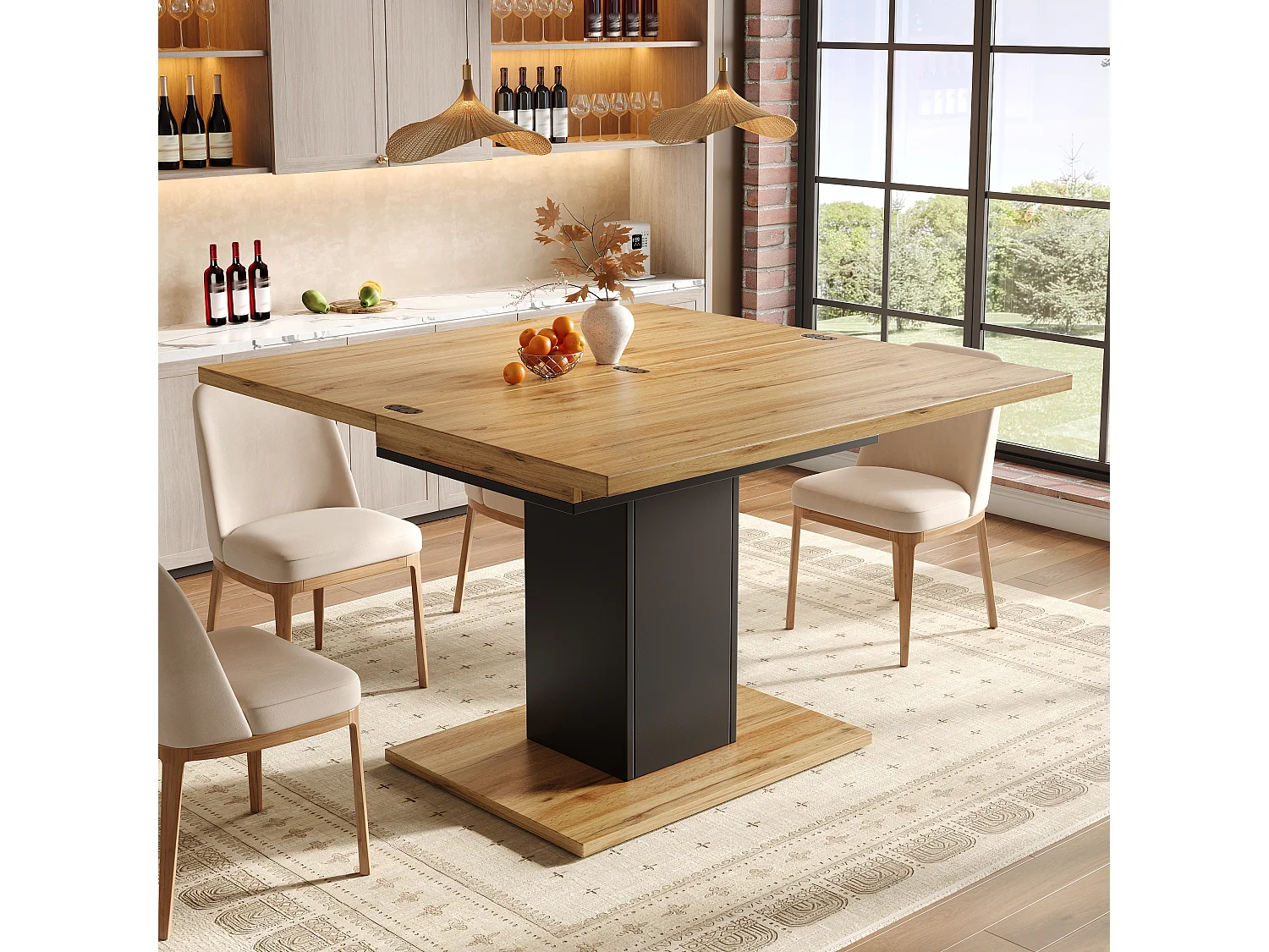 Table à manger extensible et rabattable 60/120 x 120 x 75,1 cm avec rangement intégré - MDF - Naturel
