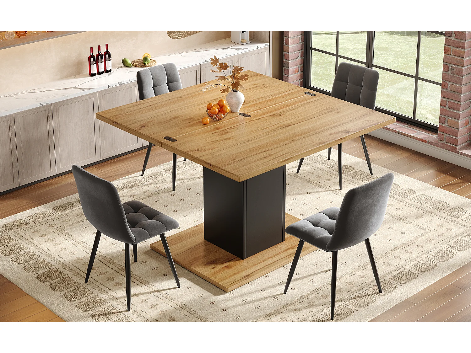 Table à manger extensible et rabattable 60/120 x 120 x 75,1 cm avec rangement intégré - MDF - Naturel