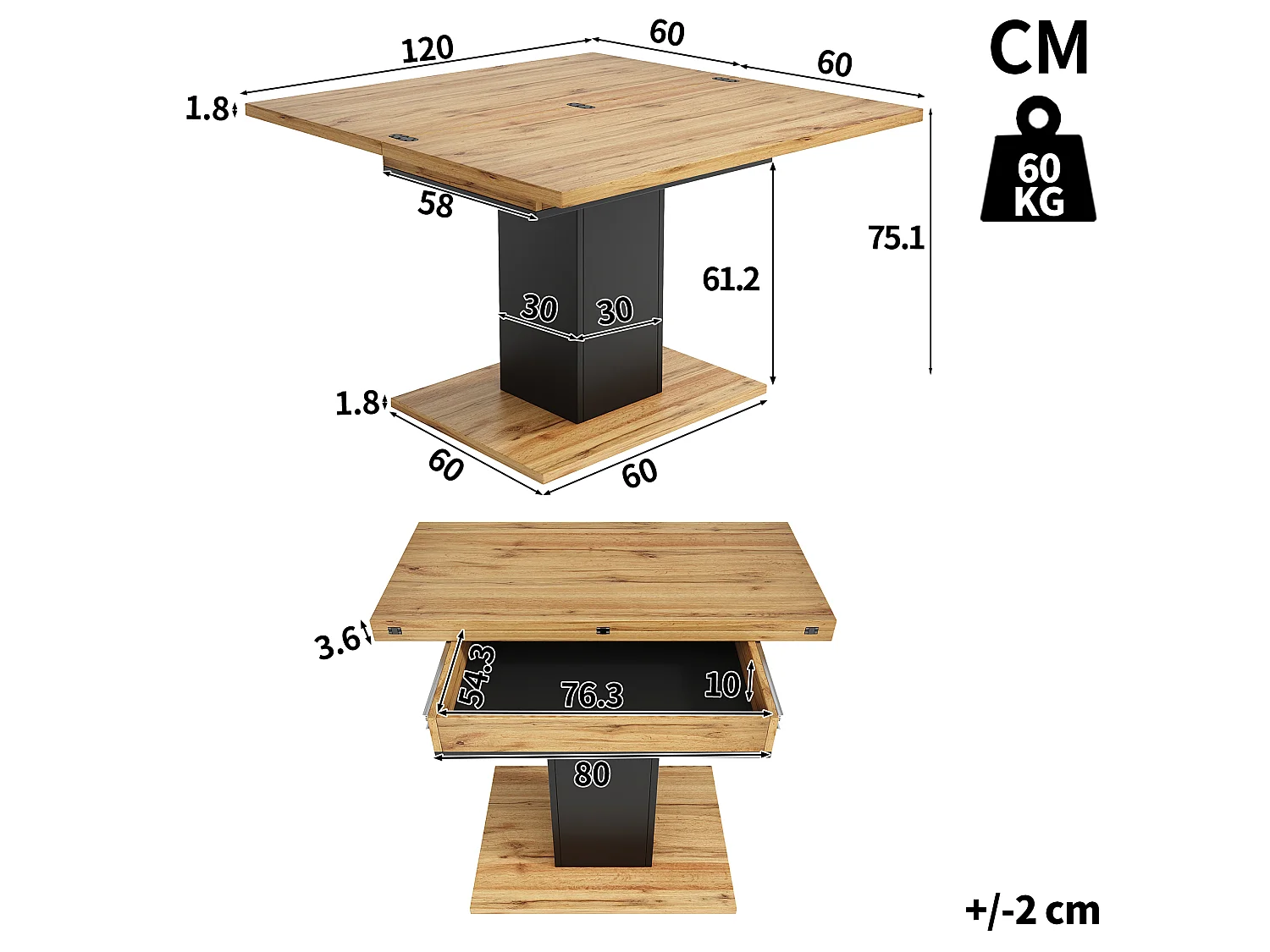 Table à manger extensible et rabattable 60/120 x 120 x 75,1 cm avec rangement intégré - MDF - Naturel
