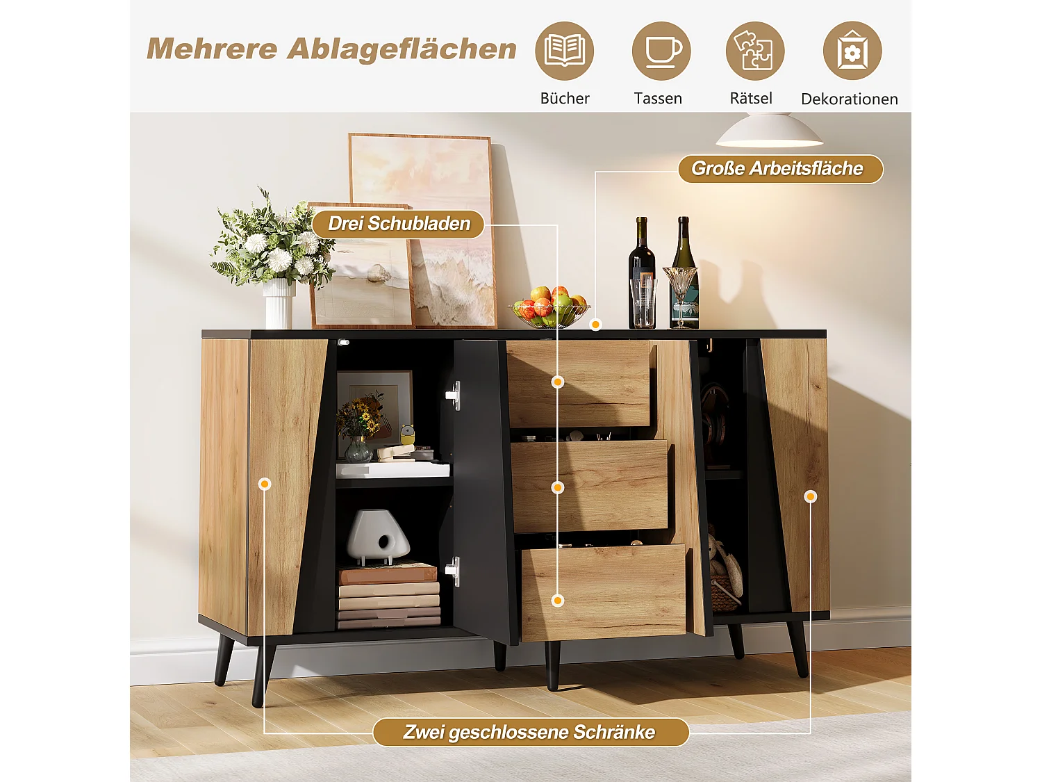 Buffet avec 2 portes sans poignées, 3 tiroirs - MDF et panneaux de particules - 120 x 35 x 70 cm - Aspect bois et noir