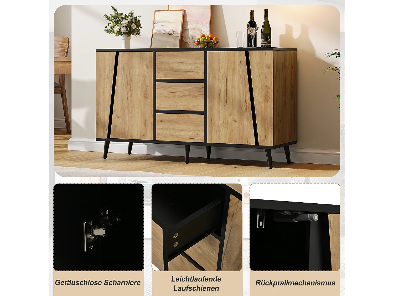 Buffet avec 2 portes sans poignées, 3 tiroirs - MDF et panneaux de particules - 120 x 35 x 70 cm - Aspect bois et noir
