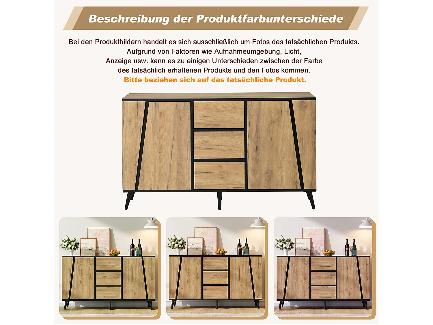 Buffet avec 2 portes sans poignées, 3 tiroirs - MDF et panneaux de particules - 120 x 35 x 70 cm - Aspect bois et noir