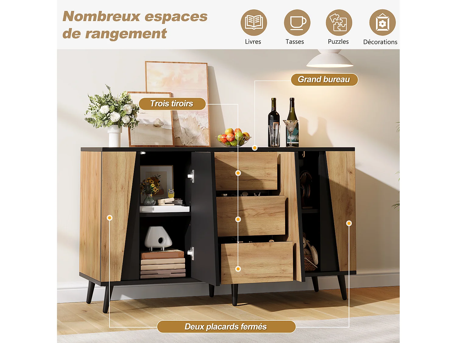 Buffet avec 2 portes sans poignées, 3 tiroirs - MDF et panneaux de particules - 120 x 35 x 70 cm - Aspect bois et noir