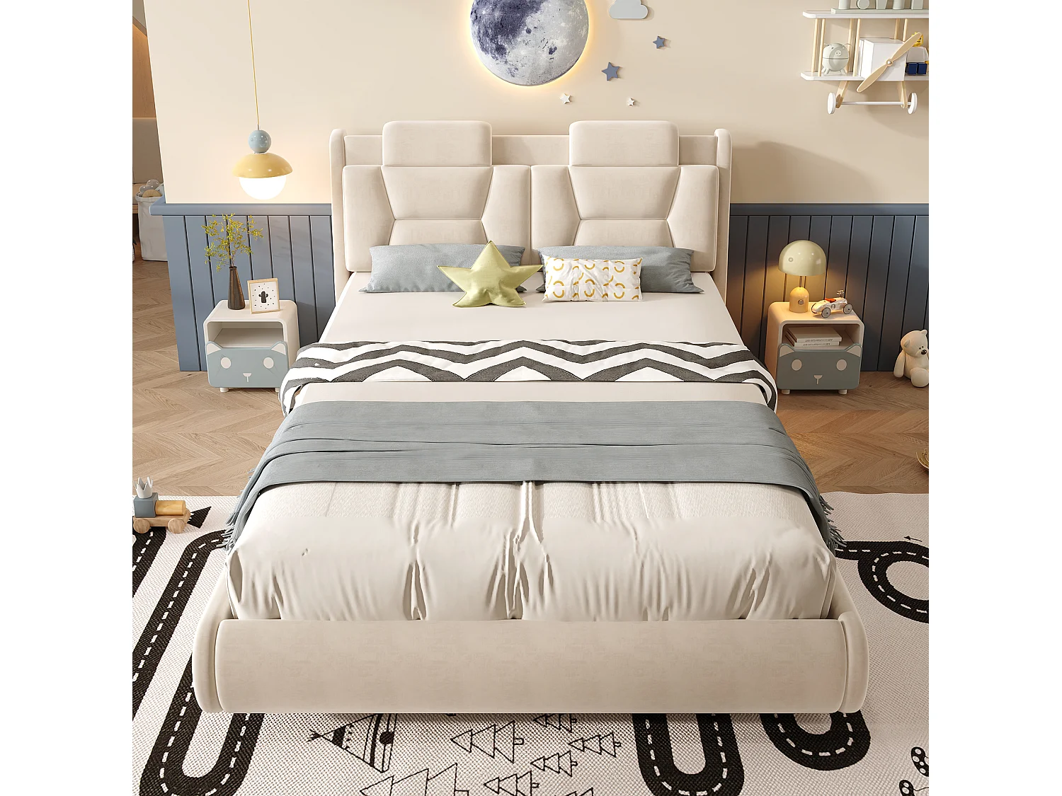 Polstret bilseng 140 x 200 cm med justerbar hovedgærde og lysende hjul - Fløjl - Beige (madras medfølger ikke)