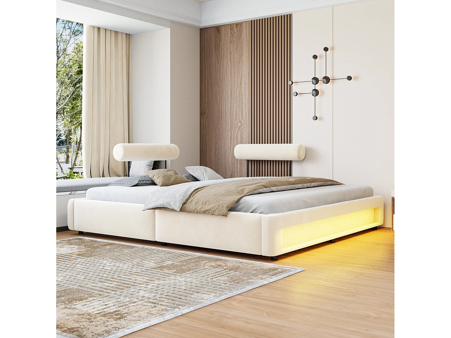 Łóżko tapicerowane 180 x 200 cm z regulowanymi oparciami i oświetleniem LED - Aksamit - Beż (materac nie jest wliczony w cenę)
