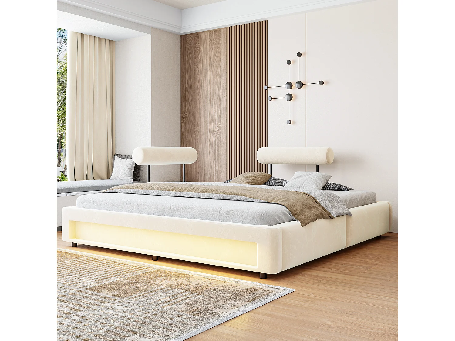 Łóżko tapicerowane 180 x 200 cm z regulowanymi oparciami i oświetleniem LED - Aksamit - Beż (materac nie jest wliczony w cenę)