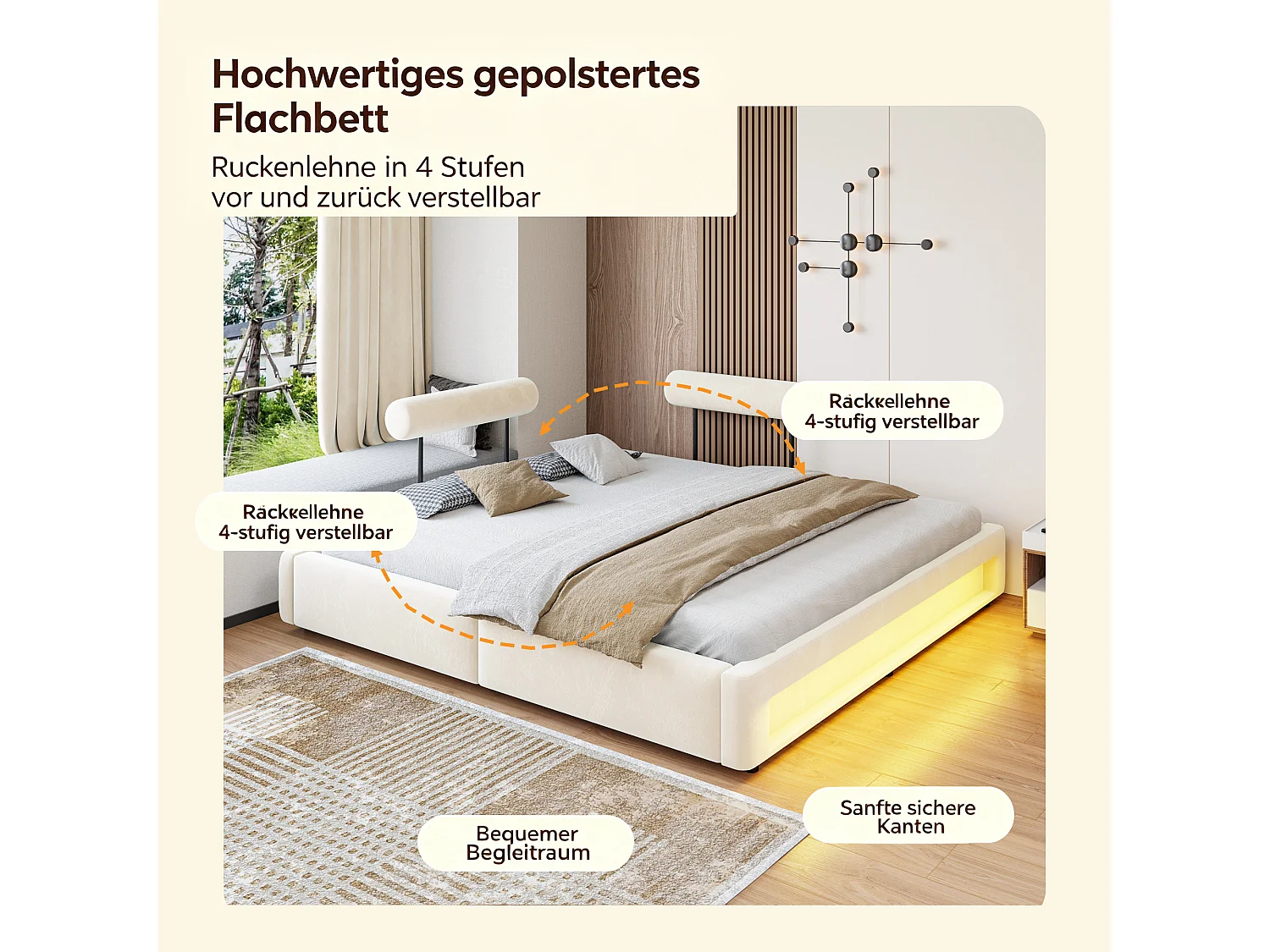 Łóżko tapicerowane 180 x 200 cm z regulowanymi oparciami i oświetleniem LED - Aksamit - Beż (materac nie jest wliczony w cenę)
