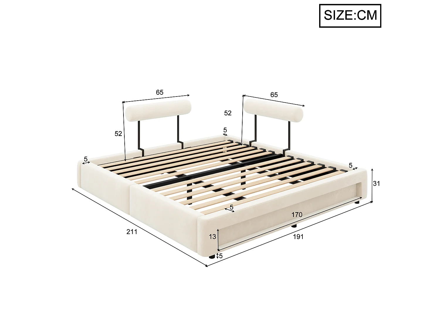 Łóżko tapicerowane 180 x 200 cm z regulowanymi oparciami i oświetleniem LED - Aksamit - Beż (materac nie jest wliczony w cenę)