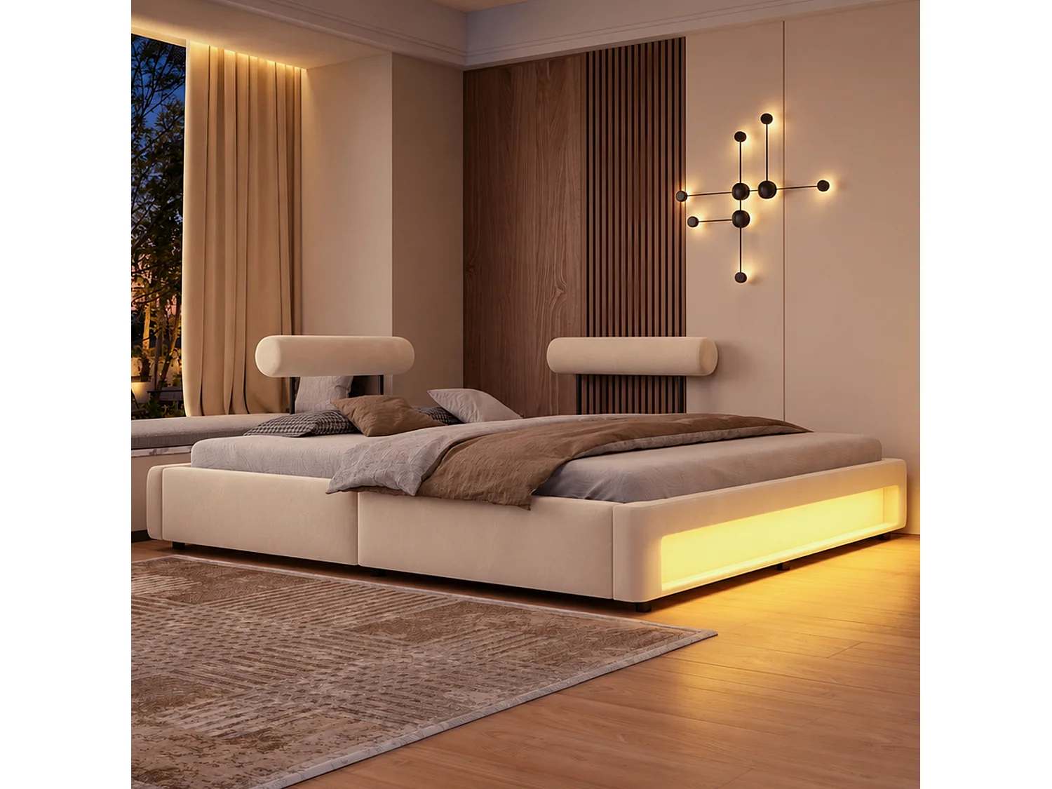 Łóżko tapicerowane 180 x 200 cm z regulowanymi oparciami i oświetleniem LED - Aksamit - Beż (materac nie jest wliczony w cenę)