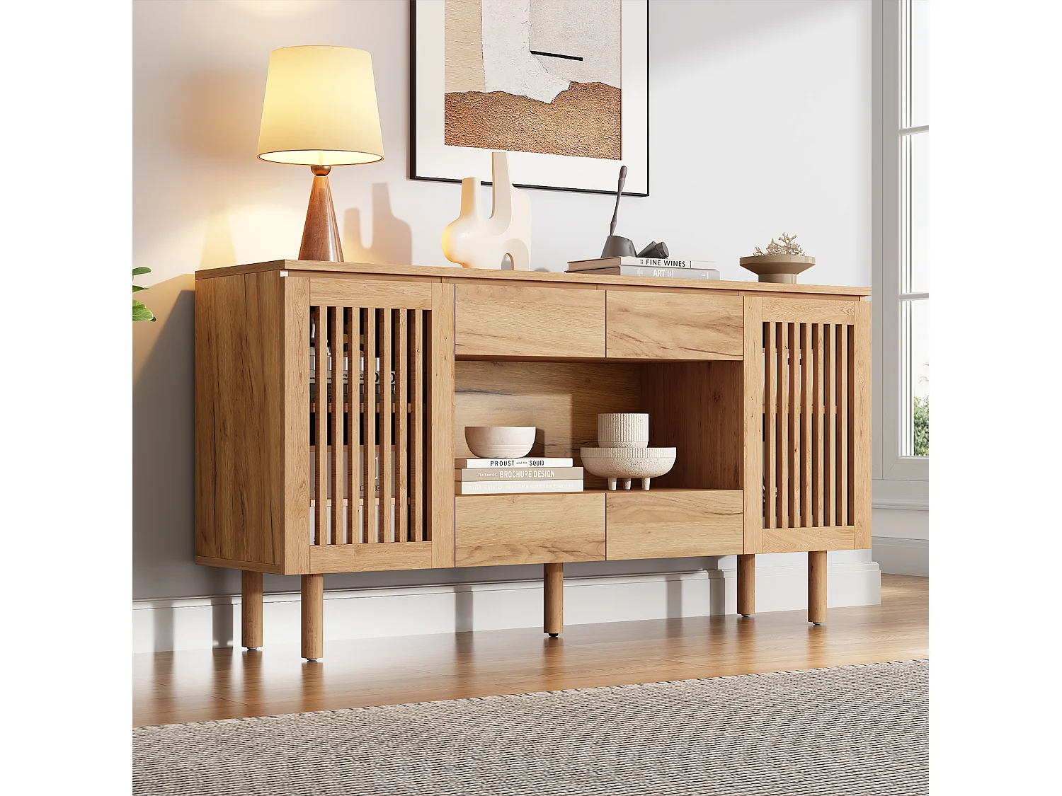 Buffet avec 4 tiroirs, 2 portes persiennes et 5 pieds en bois massif - MDF et bois massif - 140 x 35 x 71 cm - Naturel