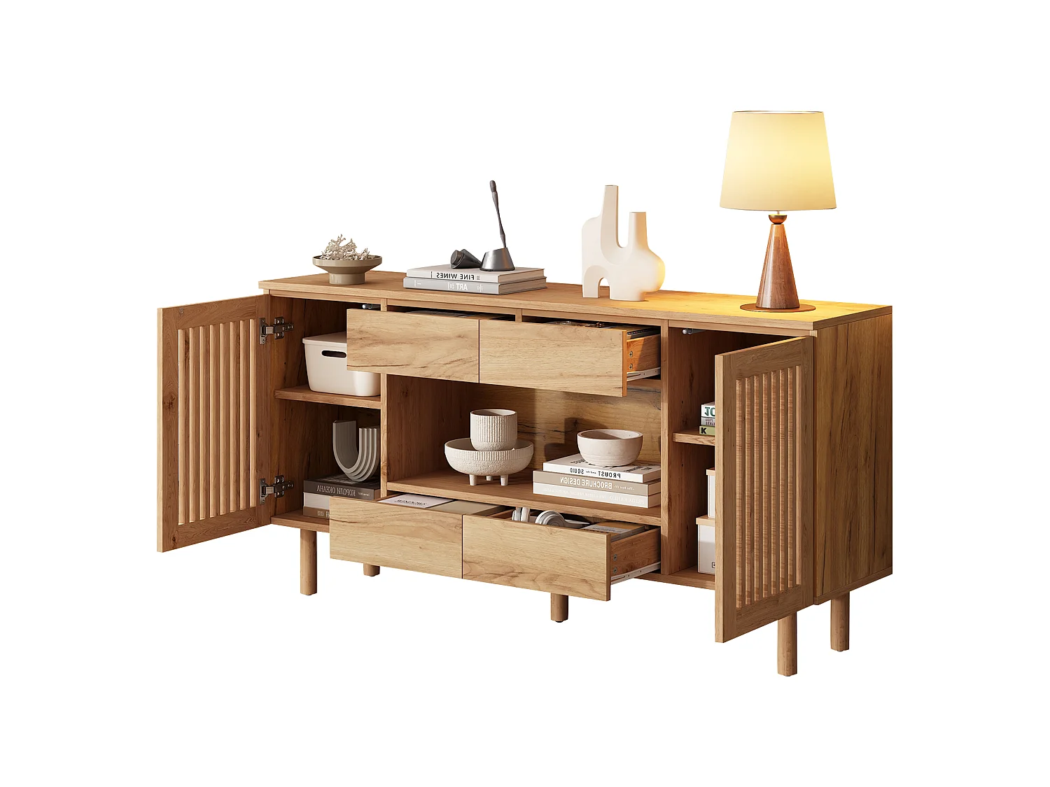 Buffet avec 4 tiroirs, 2 portes persiennes et 5 pieds en bois massif - MDF et bois massif - 140 x 35 x 71 cm - Naturel
