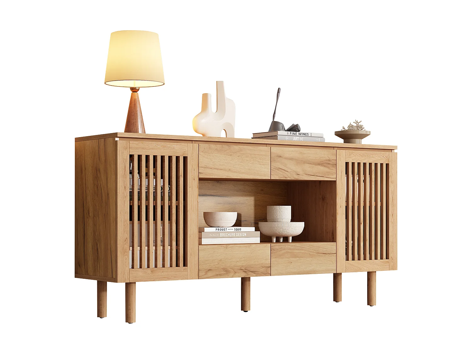 Buffet avec 4 tiroirs, 2 portes persiennes et 5 pieds en bois massif - MDF et bois massif - 140 x 35 x 71 cm - Naturel