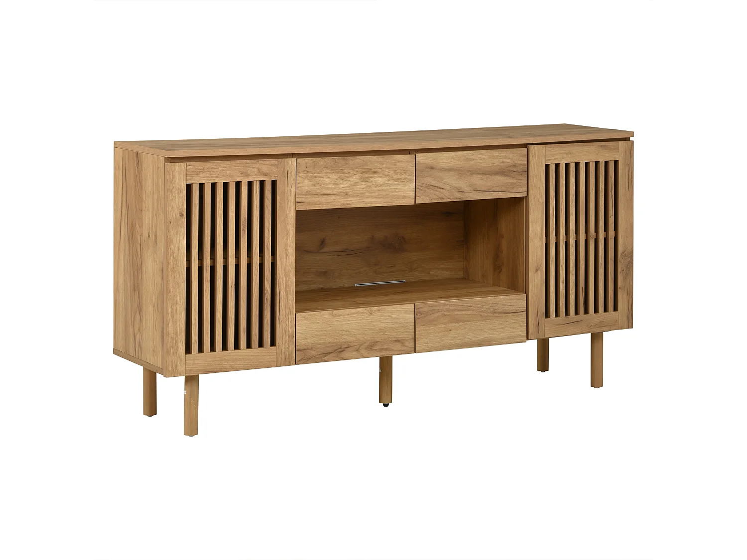 Buffet avec 4 tiroirs, 2 portes persiennes et 5 pieds en bois massif - MDF et bois massif - 140 x 35 x 71 cm - Naturel