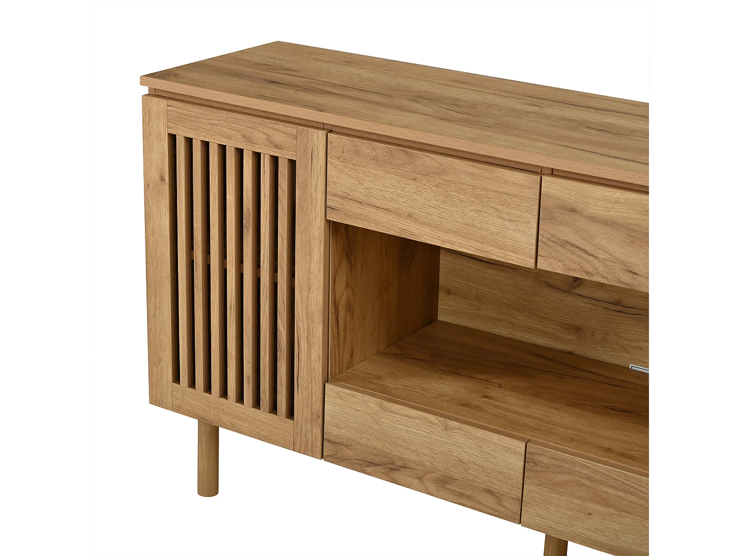 Buffet avec 4 tiroirs, 2 portes persiennes et 5 pieds en bois massif - MDF et bois massif - 140 x 35 x 71 cm - Naturel