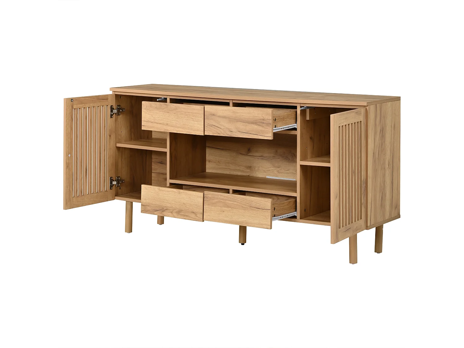 Buffet avec 4 tiroirs, 2 portes persiennes et 5 pieds en bois massif - MDF et bois massif - 140 x 35 x 71 cm - Naturel