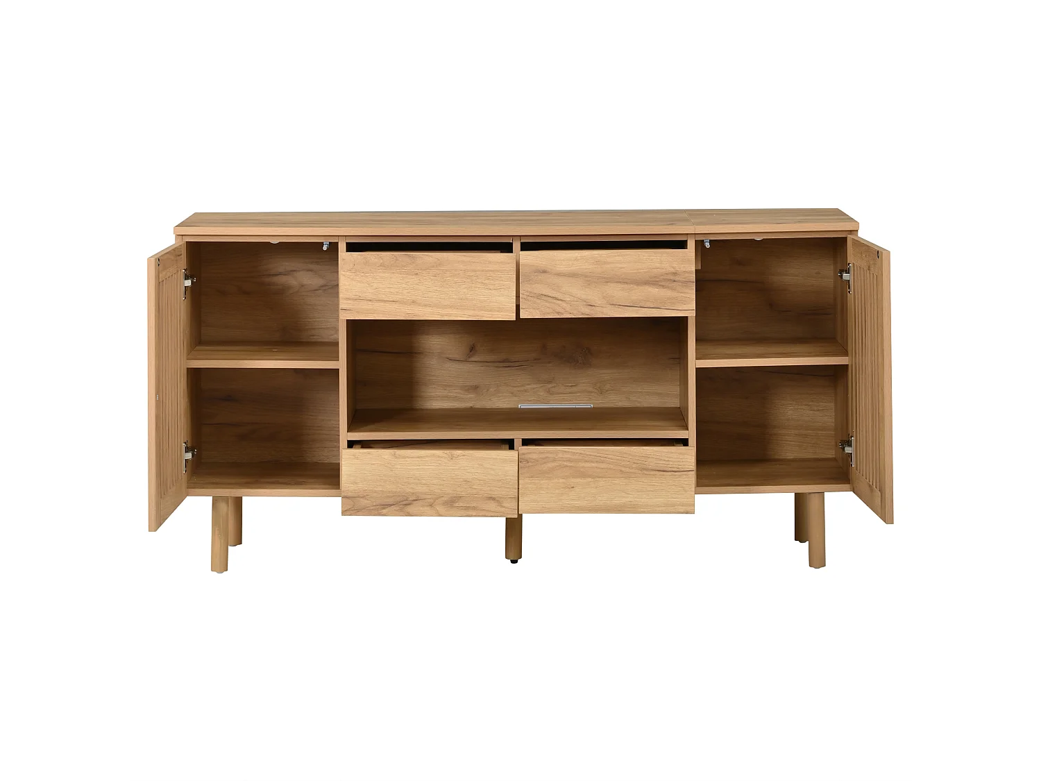 Buffet avec 4 tiroirs, 2 portes persiennes et 5 pieds en bois massif - MDF et bois massif - 140 x 35 x 71 cm - Naturel
