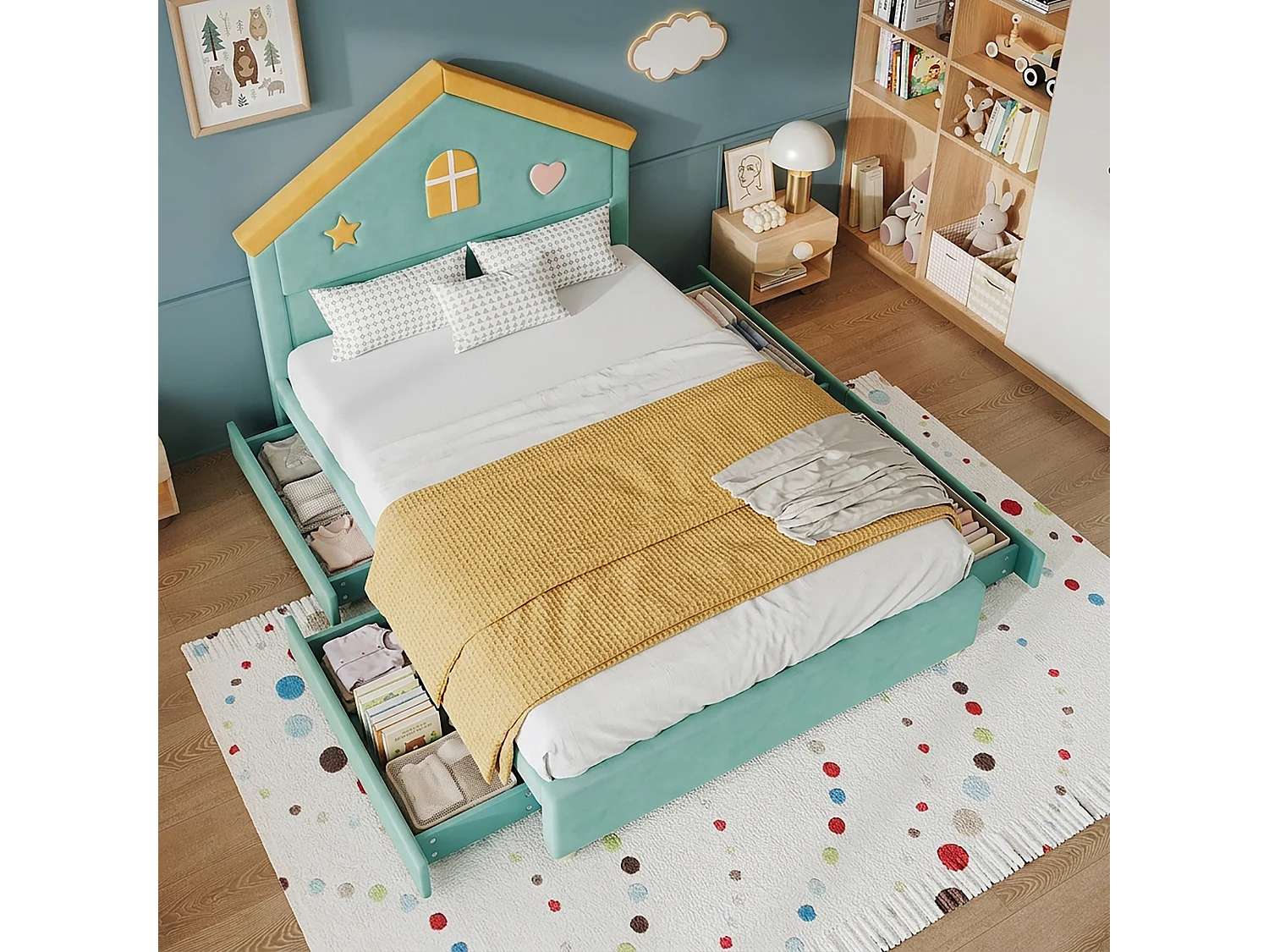 Lit enfant 140 x 200 cm avec tête de lit cabane et 4 tiroirs - Velours - Bleu-vert (sans matelas)