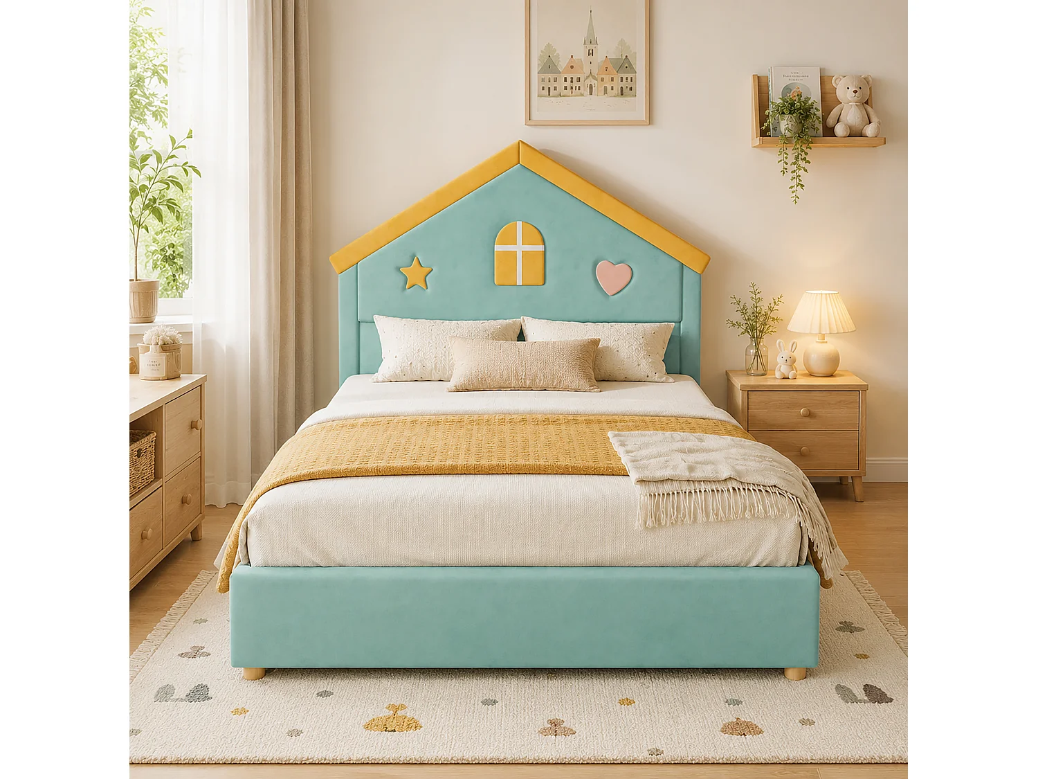 Lit enfant 140 x 200 cm avec tête de lit cabane et 4 tiroirs - Velours - Bleu-vert (sans matelas)