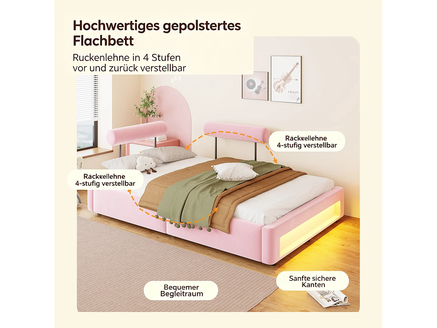 Letto imbottito 140 x 200 cm con schienali regolabili e illuminazione a LED - Velluto - Rosa (materasso non incluso)