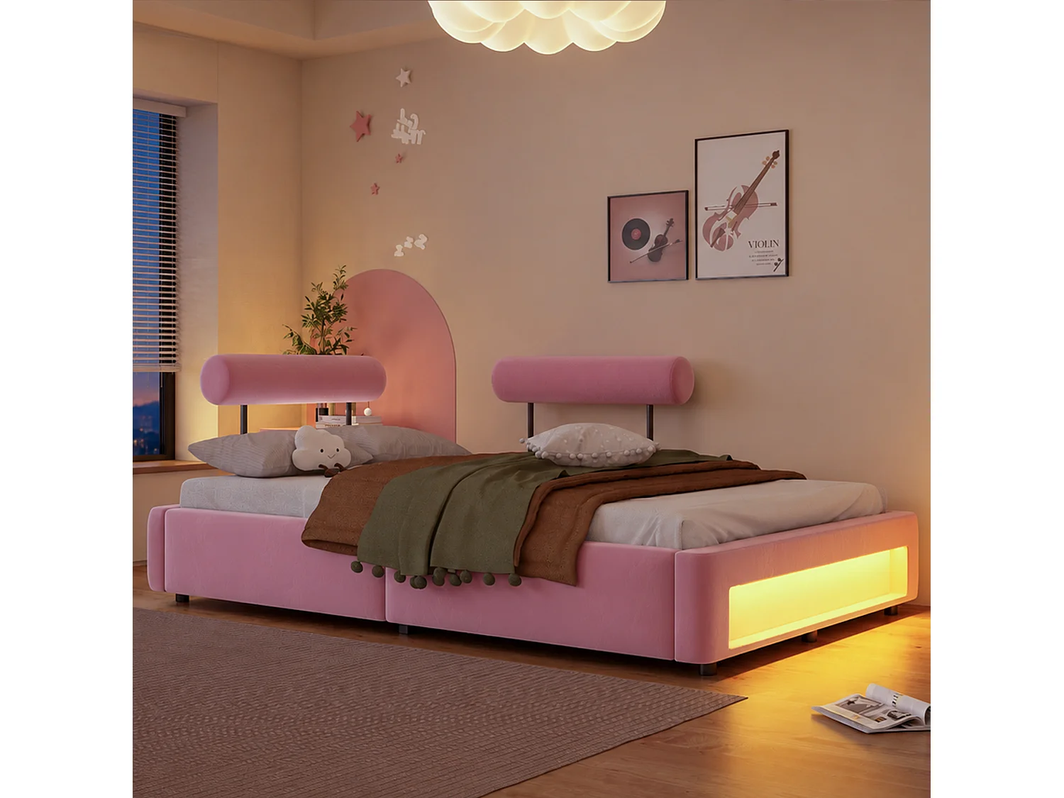 Letto imbottito 140 x 200 cm con schienali regolabili e illuminazione a LED - Velluto - Rosa (materasso non incluso)