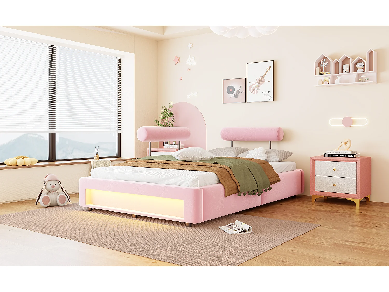 Letto imbottito 140 x 200 cm con schienali regolabili e illuminazione a LED - Velluto - Rosa (materasso non incluso)