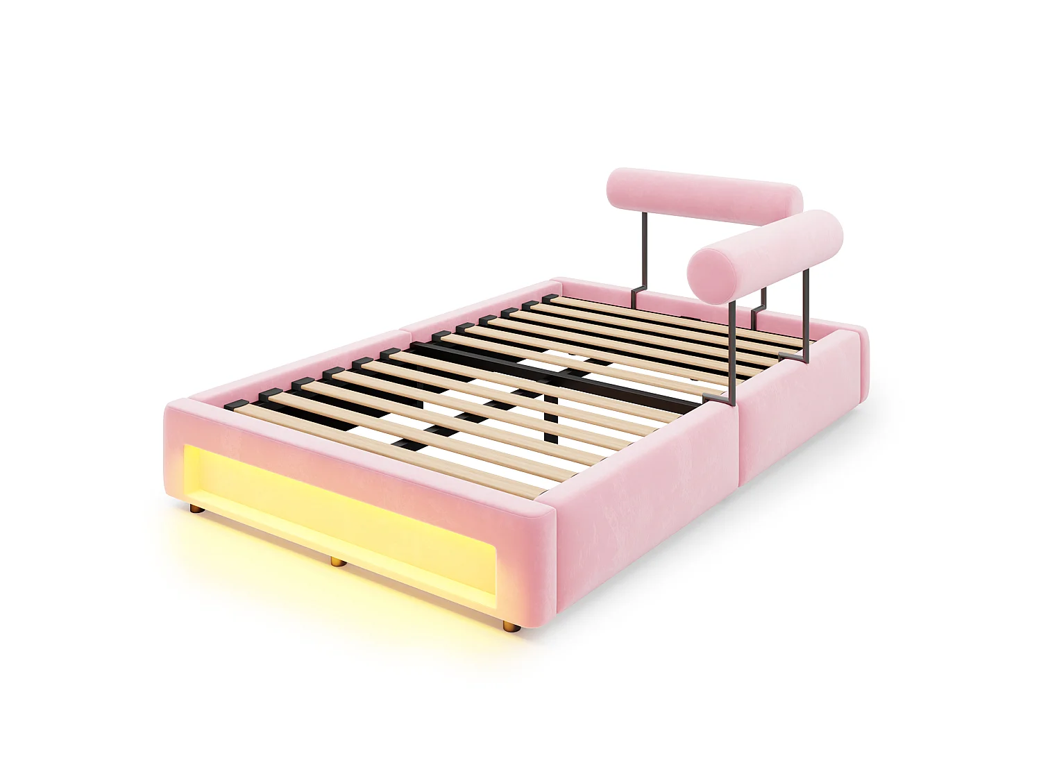 Letto imbottito 140 x 200 cm con schienali regolabili e illuminazione a LED - Velluto - Rosa (materasso non incluso)