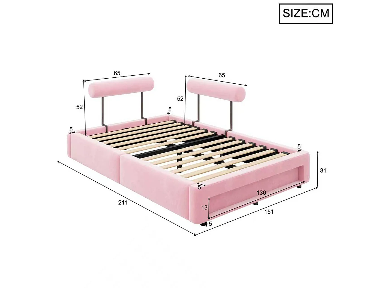 Letto imbottito 140 x 200 cm con schienali regolabili e illuminazione a LED - Velluto - Rosa (materasso non incluso)