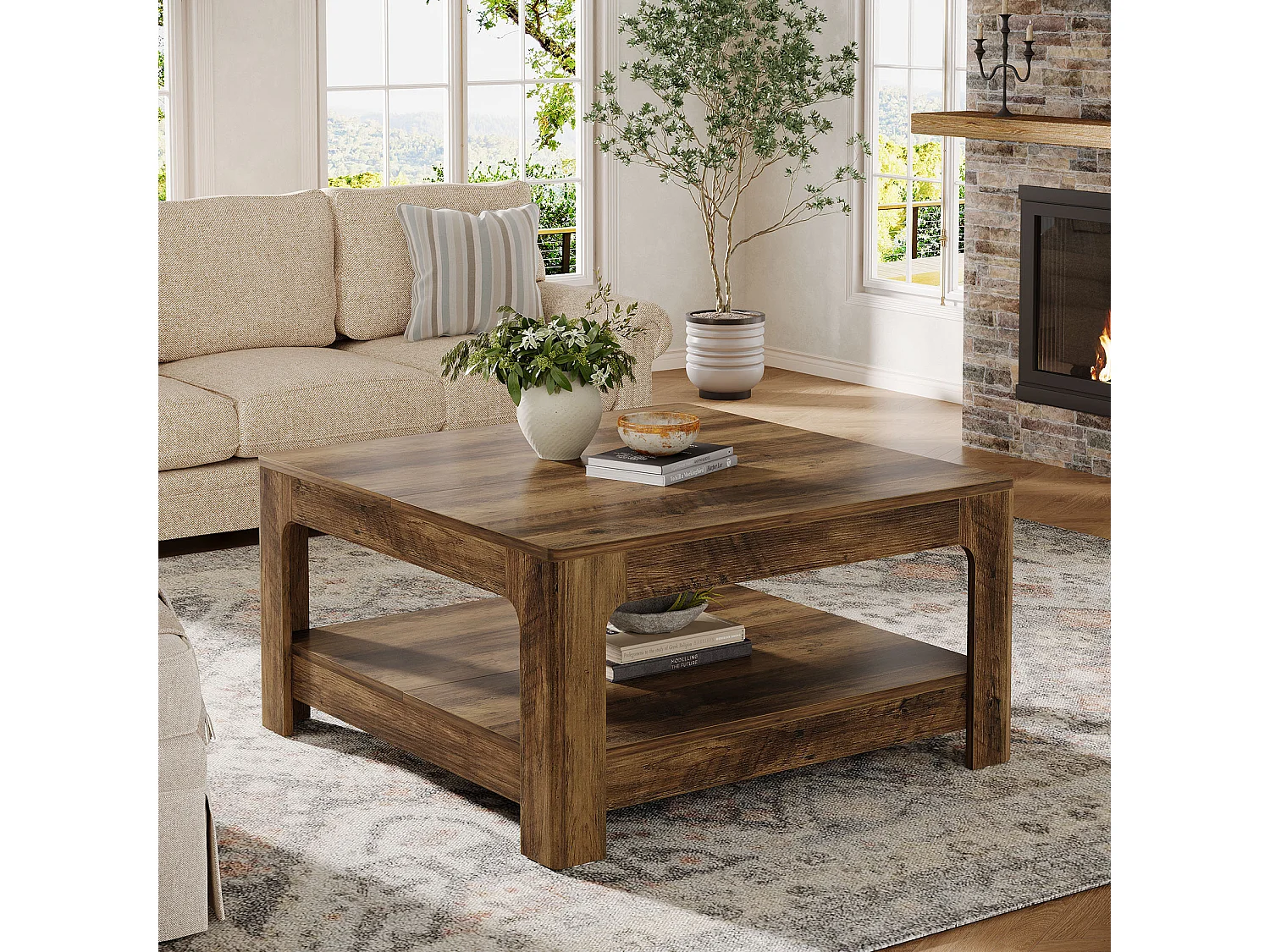 Fyrkantigt soffbord med förvaring, 100 cm stort tebord i lantlig stil