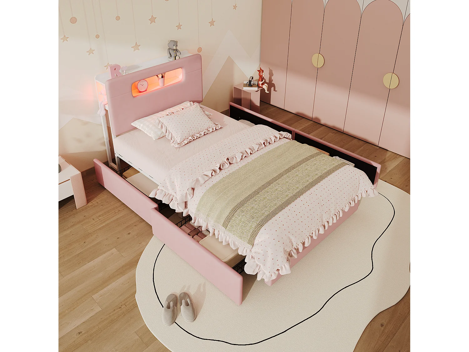 Letto per bambini 90 x 200 cm in velluto con 4 cassetti, vano contenitore e illuminazione a LED controllabile tramite app - Rosa (materasso non incluso)