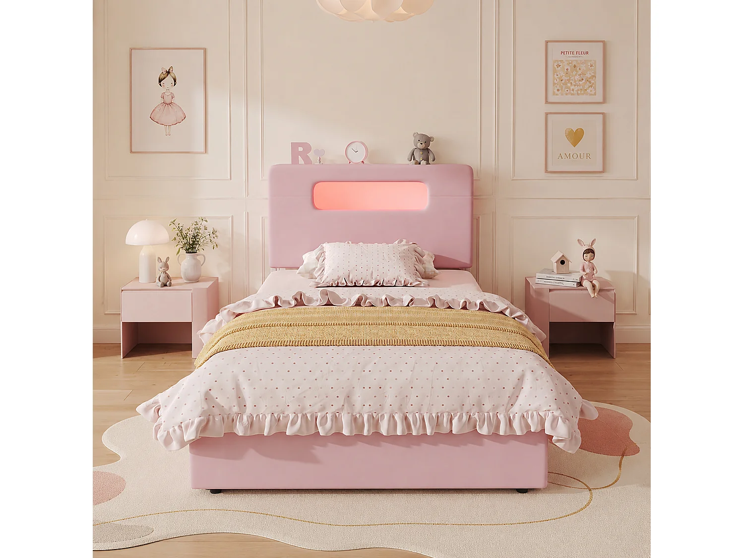 Letto per bambini 90 x 200 cm in velluto con 4 cassetti, vano contenitore e illuminazione a LED controllabile tramite app - Rosa (materasso non incluso)
