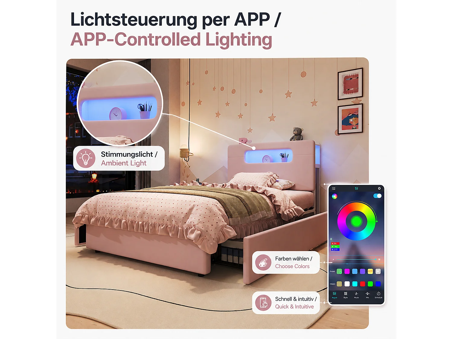 Letto per bambini 90 x 200 cm in velluto con 4 cassetti, vano contenitore e illuminazione a LED controllabile tramite app - Rosa (materasso non incluso)